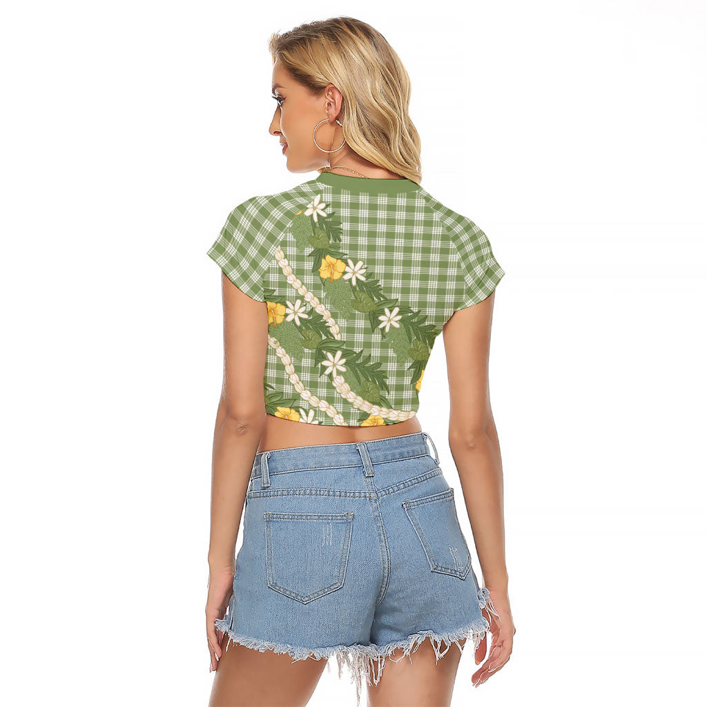 Aloha Puakenikeni Anthurium Pikake Lei Raglan Cropped T Shirt Green Hawaiian Palaka Pattern