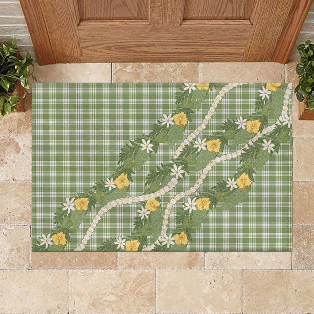 Aloha Puakenikeni Anthurium Pikake Lei Rubber Doormat Green Hawaiian Palaka Pattern