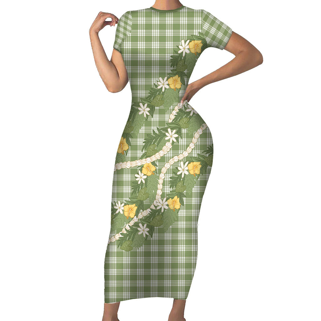 Aloha Puakenikeni Anthurium Pikake Lei Short Sleeve Bodycon Dress Green Hawaiian Palaka Pattern