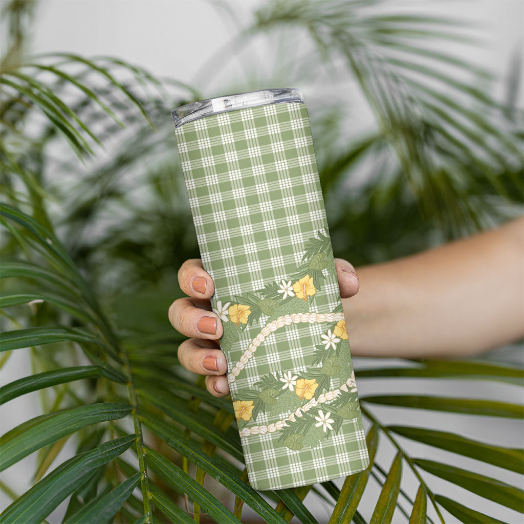 Aloha Puakenikeni Anthurium Pikake Lei Skinny Tumbler Green Hawaiian Palaka Pattern
