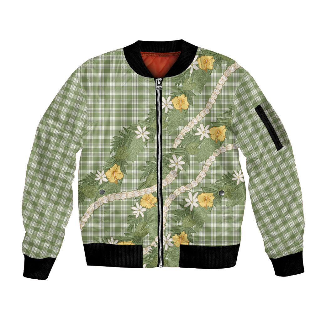 Aloha Puakenikeni Anthurium Pikake Lei Sleeve Zip Bomber Jacket Green Hawaiian Palaka Pattern