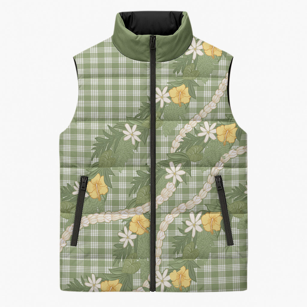 Aloha Puakenikeni Anthurium Pikake Lei Sleeveless Puffer Jacket Green Hawaiian Palaka Pattern