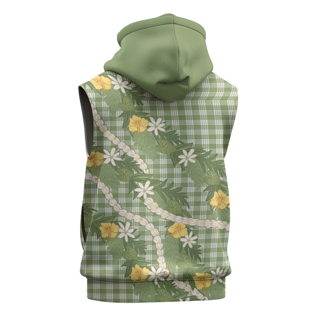 Aloha Puakenikeni Anthurium Pikake Lei Sleeveless Zip Hoodie Green Hawaiian Palaka Pattern