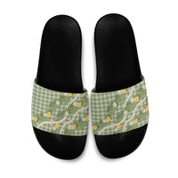 Aloha Puakenikeni Anthurium Pikake Lei Slide Sandals Green Hawaiian Palaka Pattern