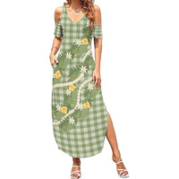 Aloha Puakenikeni Anthurium Pikake Lei Summer Maxi Dress Green Hawaiian Palaka Pattern