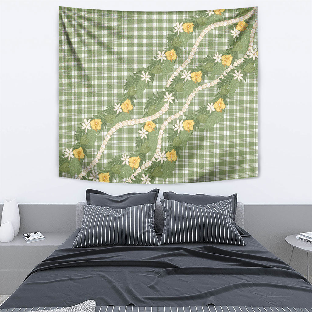 Aloha Puakenikeni Anthurium Pikake Lei Tapestry Green Hawaiian Palaka Pattern