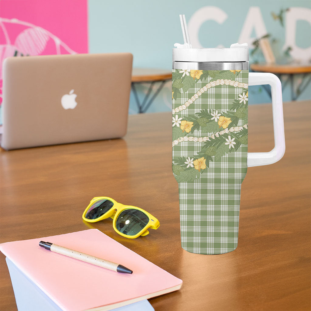 Aloha Puakenikeni Anthurium Pikake Lei Tumbler With Handle Green Hawaiian Palaka Pattern