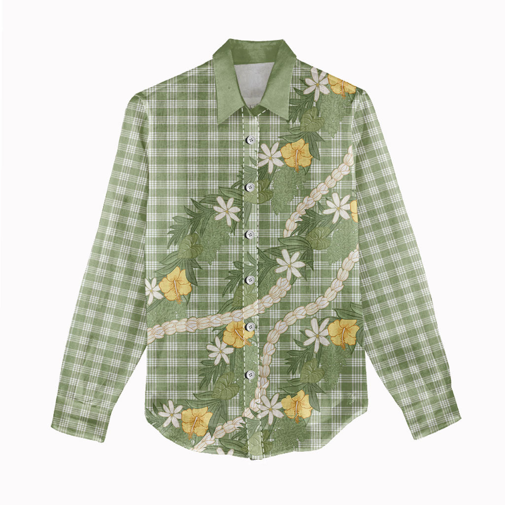 Aloha Puakenikeni Anthurium Pikake Lei Women Casual Shirt Green Hawaiian Palaka Pattern