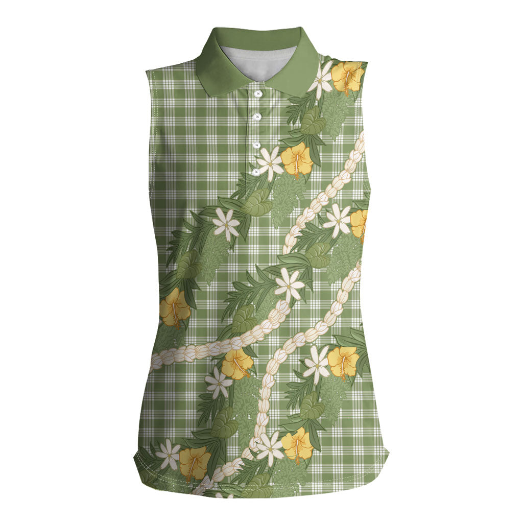 Aloha Puakenikeni Anthurium Pikake Lei Women Sleeveless Polo Shirt Green Hawaiian Palaka Pattern