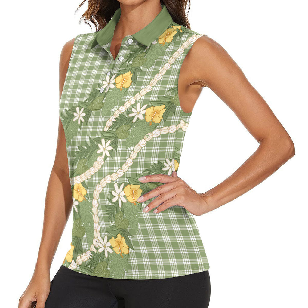 Aloha Puakenikeni Anthurium Pikake Lei Women Sleeveless Polo Shirt Green Hawaiian Palaka Pattern