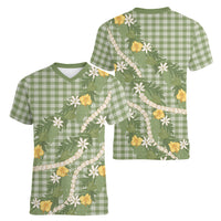 Aloha Puakenikeni Anthurium Pikake Lei Women V-Neck T-Shirt Green Hawaiian Palaka Pattern