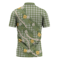 Aloha Puakenikeni Anthurium Pikake Lei Zipper Polo Shirt Green Hawaiian Palaka Pattern