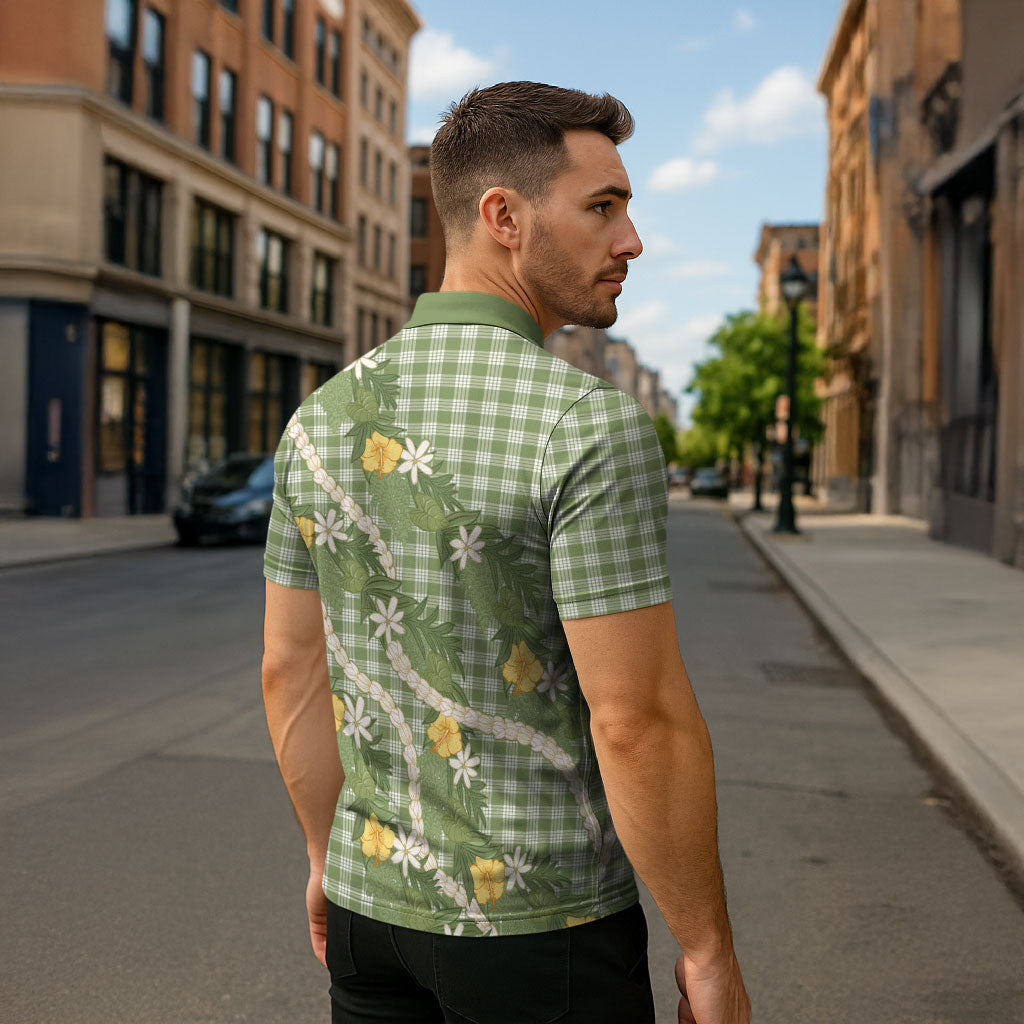 Aloha Puakenikeni Anthurium Pikake Lei Zipper Polo Shirt Green Hawaiian Palaka Pattern