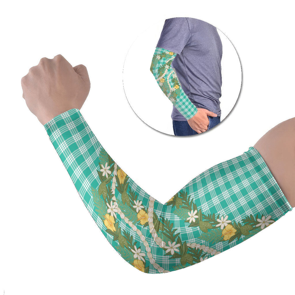 Aloha Puakenikeni Anthurium Pikake Lei Arm Sleeves Marine Hawaiian Palaka Pattern