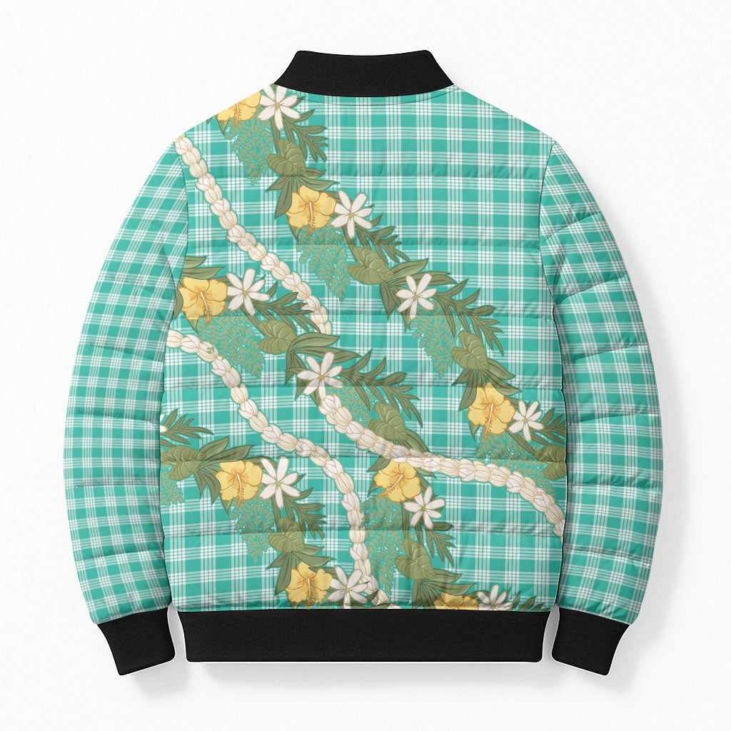 Aloha Puakenikeni Anthurium Pikake Lei Bomber Puffer Jacket Marine Hawaiian Palaka Pattern