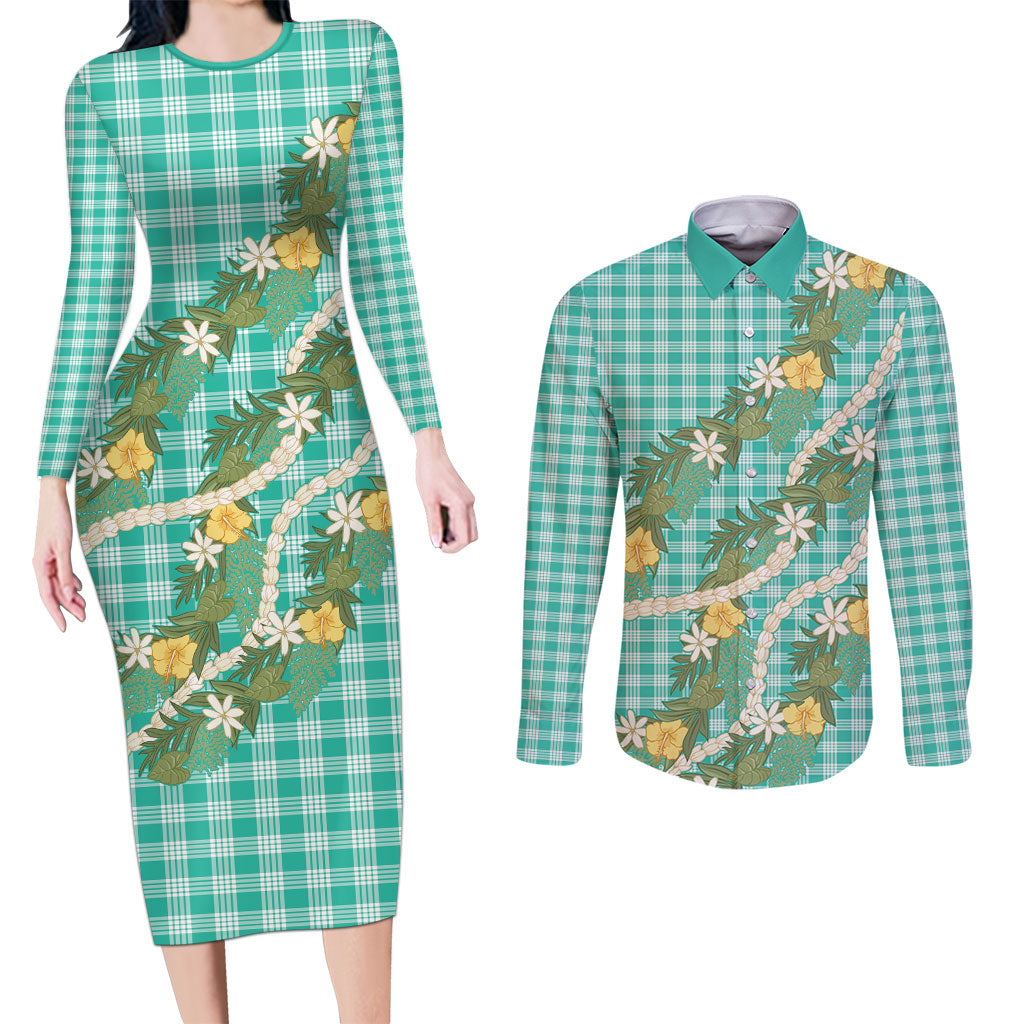 Aloha Puakenikeni Anthurium Pikake Lei Couples Matching Long Sleeve Bodycon Dress and Long Sleeve Button Shirt Marine Hawaiian Palaka Pattern