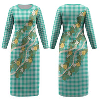 Aloha Puakenikeni Anthurium Pikake Lei Couples Matching Long Sleeve Bodycon Dress and Long Sleeve Button Shirt Marine Hawaiian Palaka Pattern LT9 - Polynesian Pride