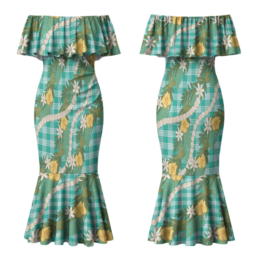 Aloha Puakenikeni Anthurium Pikake Lei Couples Matching Mermaid Dress and Long Sleeve Button Shirt Marine Hawaiian Palaka Pattern LT9 - Polynesian Pride