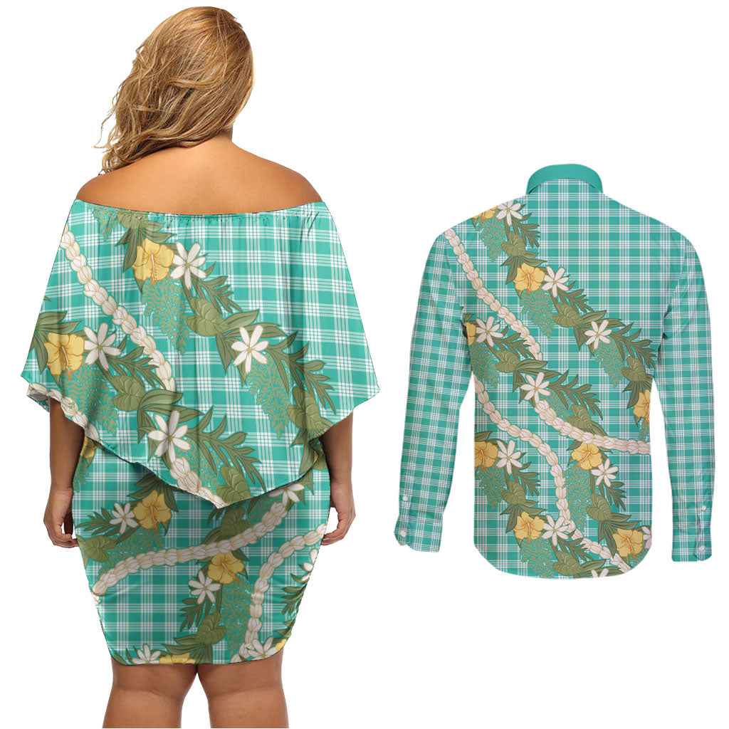 Aloha Puakenikeni Anthurium Pikake Lei Couples Matching Off Shoulder Short Dress and Long Sleeve Button Shirt Marine Hawaiian Palaka Pattern