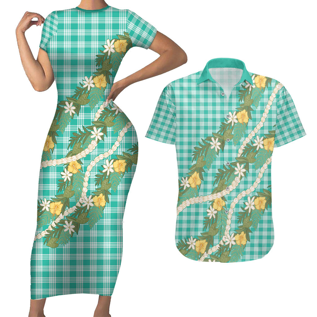 Aloha Puakenikeni Anthurium Pikake Lei Couples Matching Short Sleeve Bodycon Dress and Hawaiian Shirt Marine Hawaiian Palaka Pattern LT9 Marine - Polynesian Pride