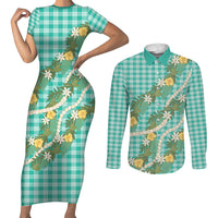 Aloha Puakenikeni Anthurium Pikake Lei Couples Matching Short Sleeve Bodycon Dress and Long Sleeve Button Shirt Marine Hawaiian Palaka Pattern