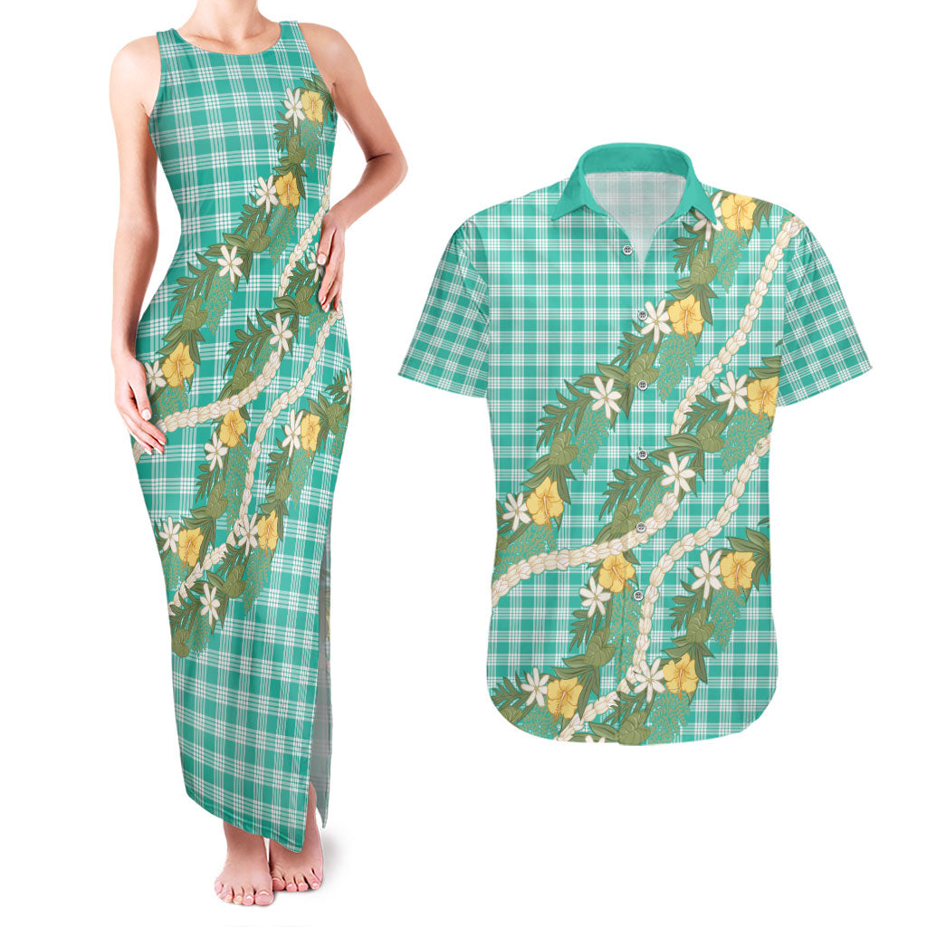 Aloha Puakenikeni Anthurium Pikake Lei Couples Matching Tank Maxi Dress and Hawaiian Shirt Marine Hawaiian Palaka Pattern LT9 Marine - Polynesian Pride