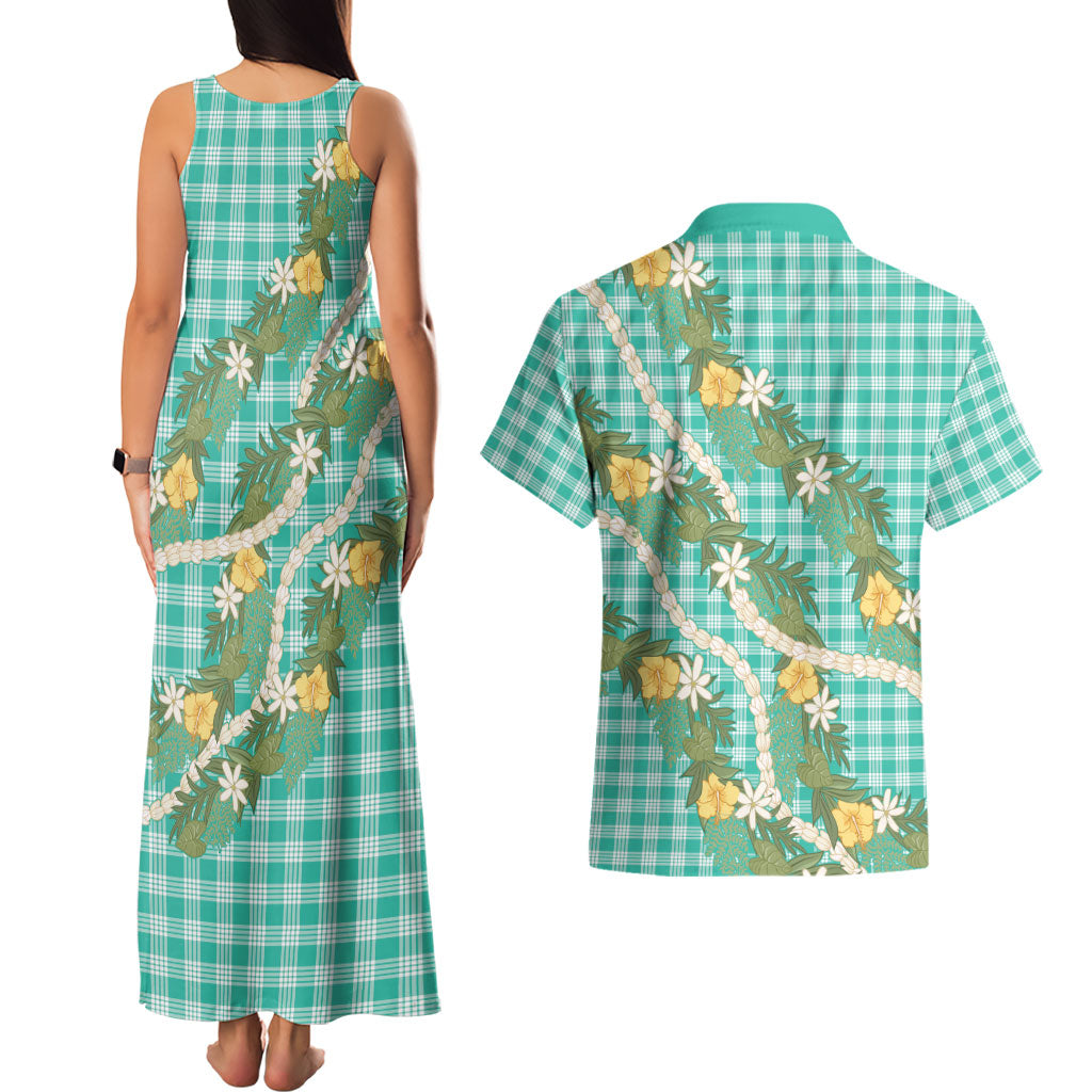 Aloha Puakenikeni Anthurium Pikake Lei Couples Matching Tank Maxi Dress and Hawaiian Shirt Marine Hawaiian Palaka Pattern LT9 - Polynesian Pride