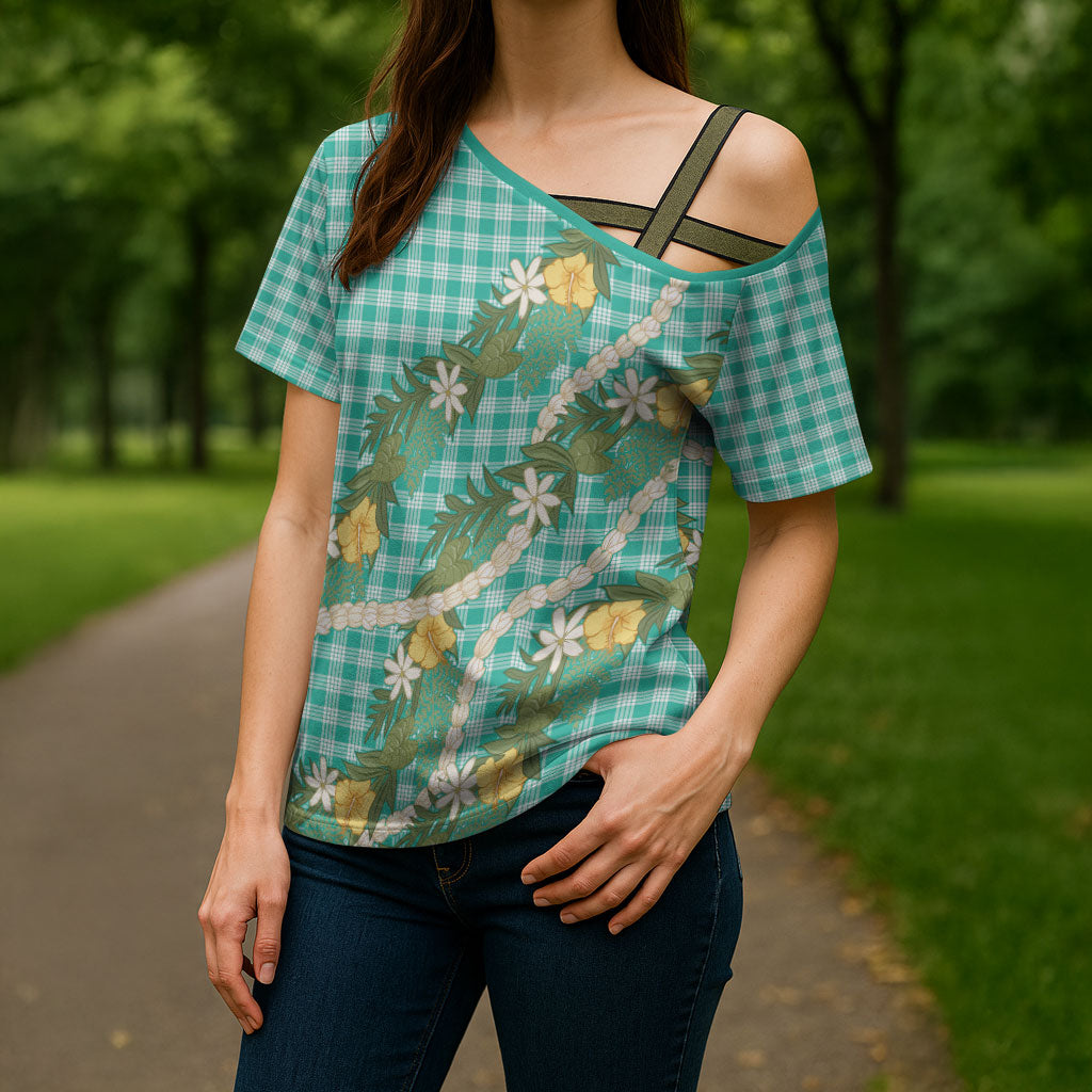 Aloha Puakenikeni Anthurium Pikake Lei Cross Shoulder Shirt Marine Hawaiian Palaka Pattern
