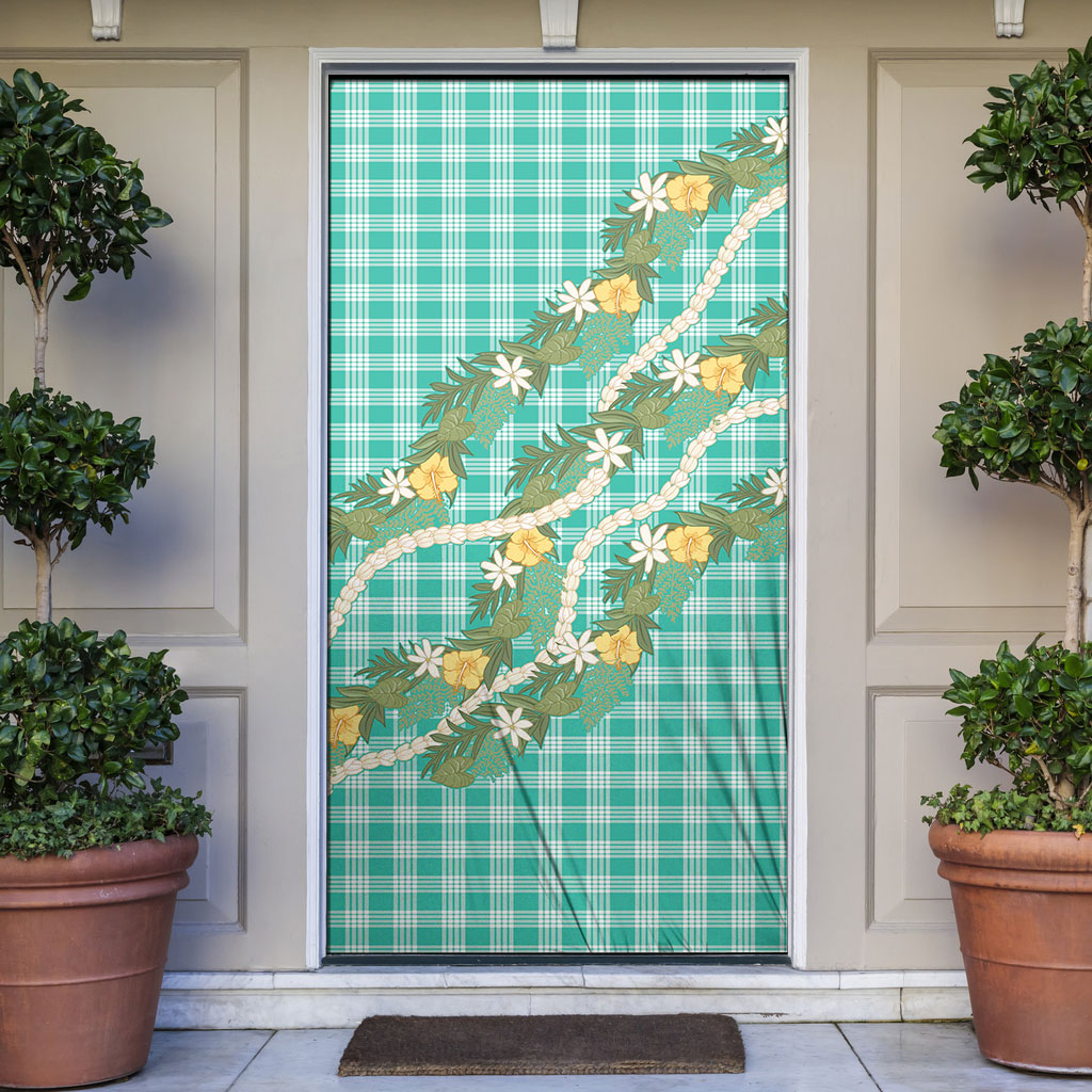 Aloha Puakenikeni Anthurium Pikake Lei Door Cover Marine Hawaiian Palaka Pattern