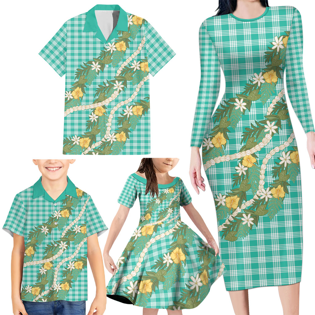 Aloha Puakenikeni Anthurium Pikake Lei Family Matching Long Sleeve Bodycon Dress and Hawaiian Shirt Marine Hawaiian Palaka Pattern LT9 - Polynesian Pride