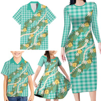 Aloha Puakenikeni Anthurium Pikake Lei Family Matching Long Sleeve Bodycon Dress and Hawaiian Shirt Marine Hawaiian Palaka Pattern LT9 - Polynesian Pride