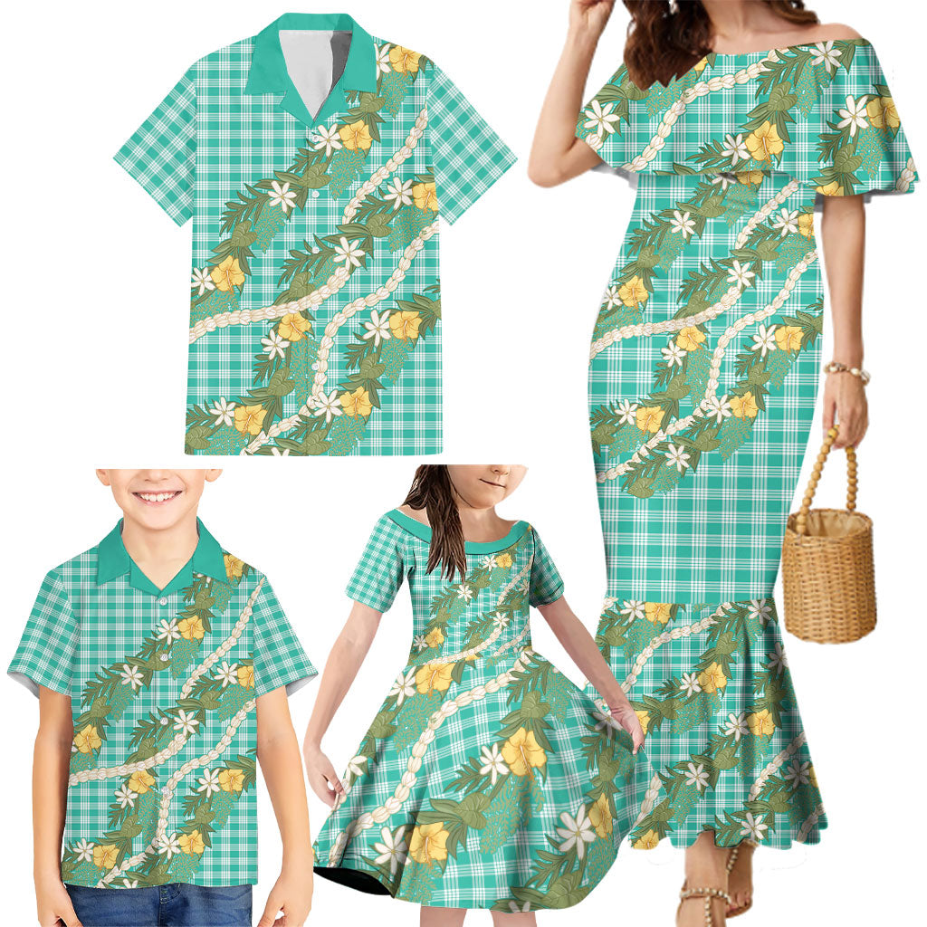 Aloha Puakenikeni Anthurium Pikake Lei Family Matching Mermaid Dress and Hawaiian Shirt Marine Hawaiian Palaka Pattern