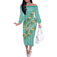 Aloha Puakenikeni Anthurium Pikake Lei Family Matching Off The Shoulder Long Sleeve Dress and Hawaiian Shirt Marine Hawaiian Palaka Pattern LT9 Mom's Dress Marine - Polynesian Pride