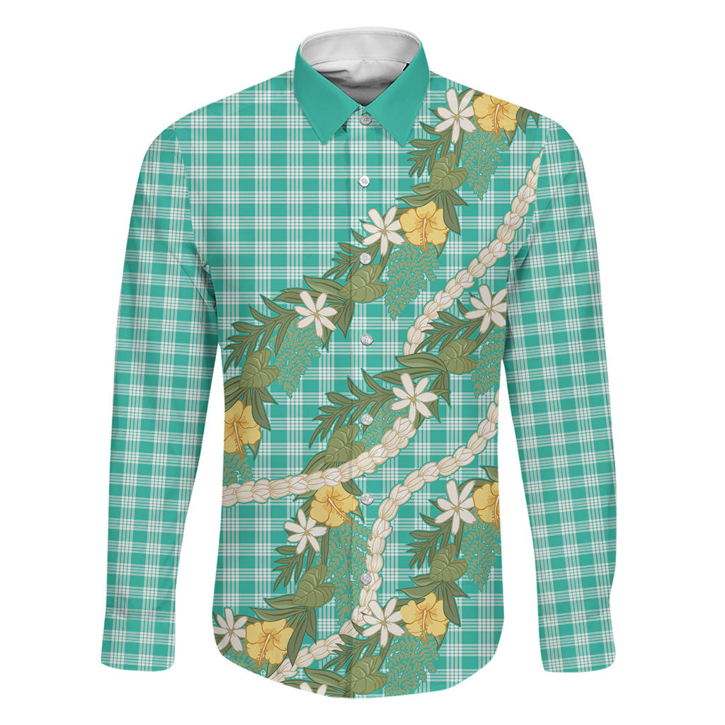 Aloha Puakenikeni Anthurium Pikake Lei Family Matching Off Shoulder Short Dress and Hawaiian Shirt Marine Hawaiian Palaka Pattern LT9 Dad's Shirt - Long Sleeve Marine - Polynesian Pride