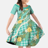 Aloha Puakenikeni Anthurium Pikake Lei Family Matching Short Sleeve Bodycon Dress and Hawaiian Shirt Marine Hawaiian Palaka Pattern LT9 Daughter's Dress Marine - Polynesian Pride