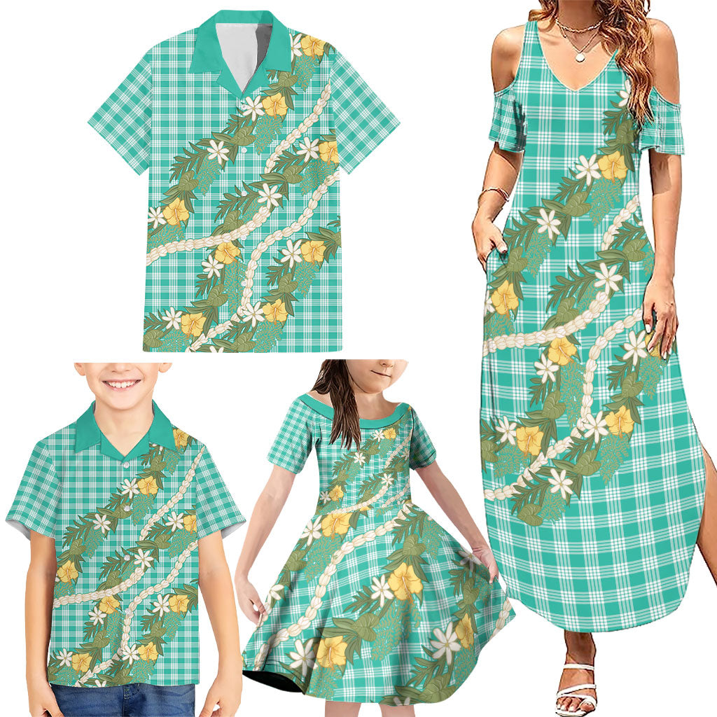 Aloha Puakenikeni Anthurium Pikake Lei Family Matching Summer Maxi Dress and Hawaiian Shirt Marine Hawaiian Palaka Pattern