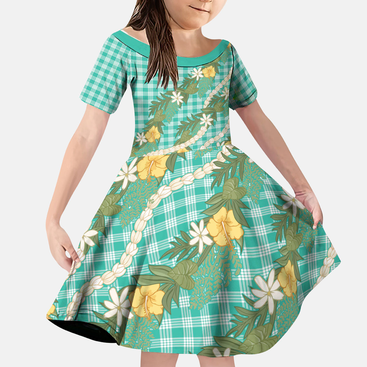 Aloha Puakenikeni Anthurium Pikake Lei Kid Short Sleeve Dress Marine Hawaiian Palaka Pattern