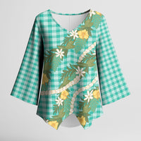 Aloha Puakenikeni Anthurium Pikake Lei Kimono Sleeve Blouse Marine Hawaiian Palaka Pattern