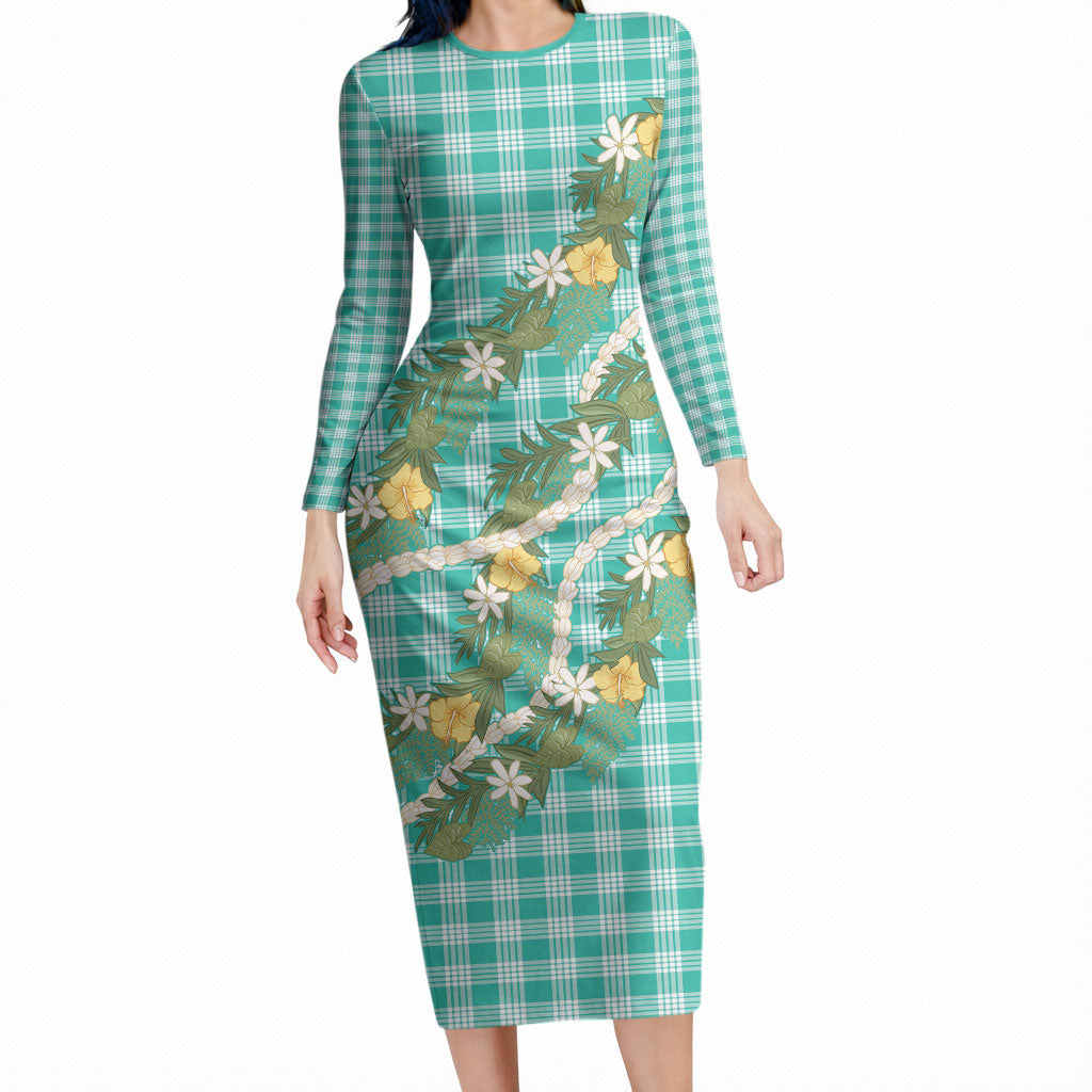 Aloha Puakenikeni Anthurium Pikake Lei Long Sleeve Bodycon Dress Marine Hawaiian Palaka Pattern LT9 Long Dress Marine - Polynesian Pride