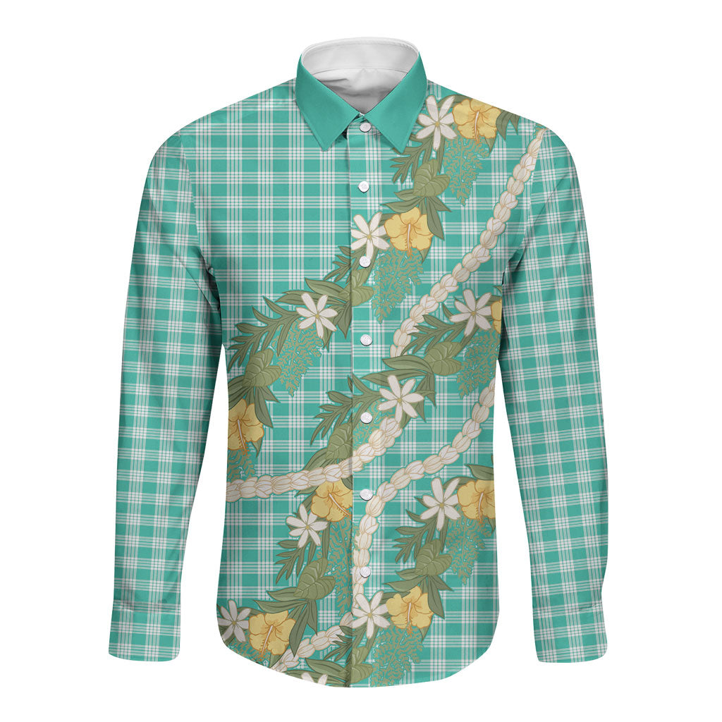 Aloha Puakenikeni Anthurium Pikake Lei Long Sleeve Button Shirt Marine Hawaiian Palaka Pattern LT9 Unisex Marine - Polynesian Pride