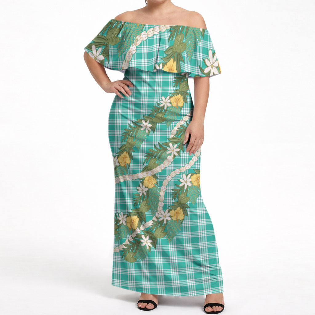 Aloha Puakenikeni Anthurium Pikake Lei Off Shoulder Maxi Dress Marine Hawaiian Palaka Pattern LT9 Women Marine - Polynesian Pride