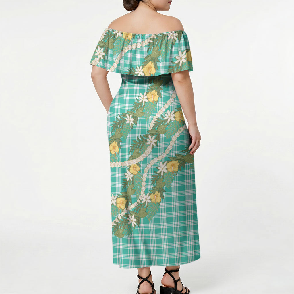 Aloha Puakenikeni Anthurium Pikake Lei Off Shoulder Maxi Dress Marine Hawaiian Palaka Pattern LT9 - Polynesian Pride
