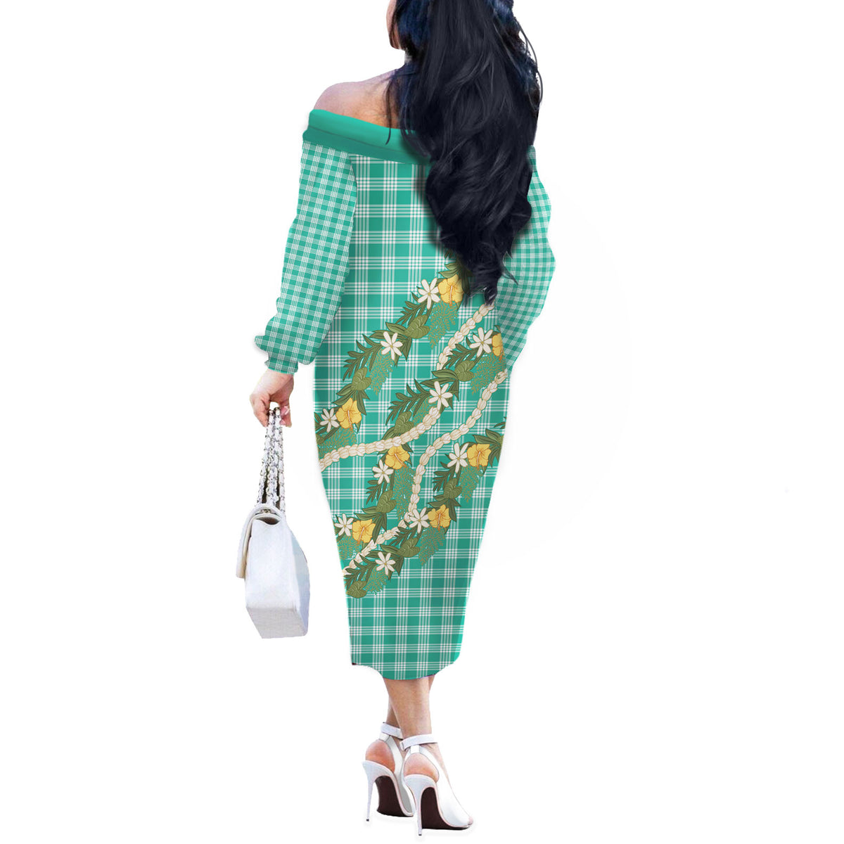 Aloha Puakenikeni Anthurium Pikake Lei Off The Shoulder Long Sleeve Dress Marine Hawaiian Palaka Pattern