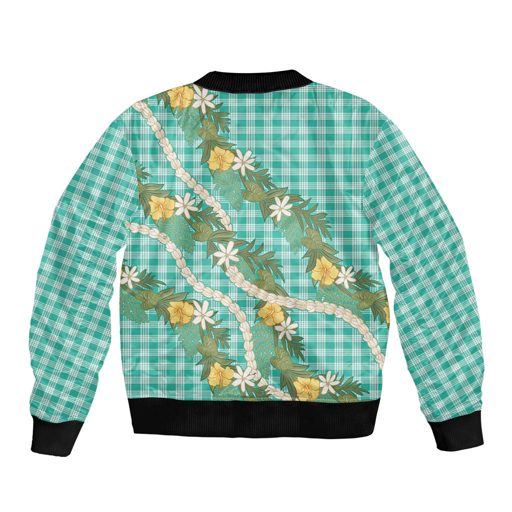 Aloha Puakenikeni Anthurium Pikake Lei Sleeve Zip Bomber Jacket Marine Hawaiian Palaka Pattern LT9 - Polynesian Pride