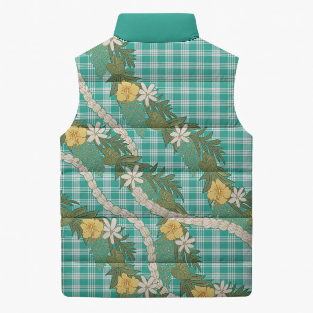 Aloha Puakenikeni Anthurium Pikake Lei Sleeveless Puffer Jacket Marine Hawaiian Palaka Pattern