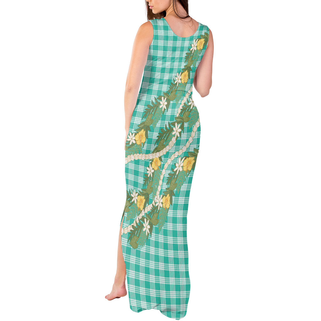 Aloha Puakenikeni Anthurium Pikake Lei Tank Maxi Dress Marine Hawaiian Palaka Pattern