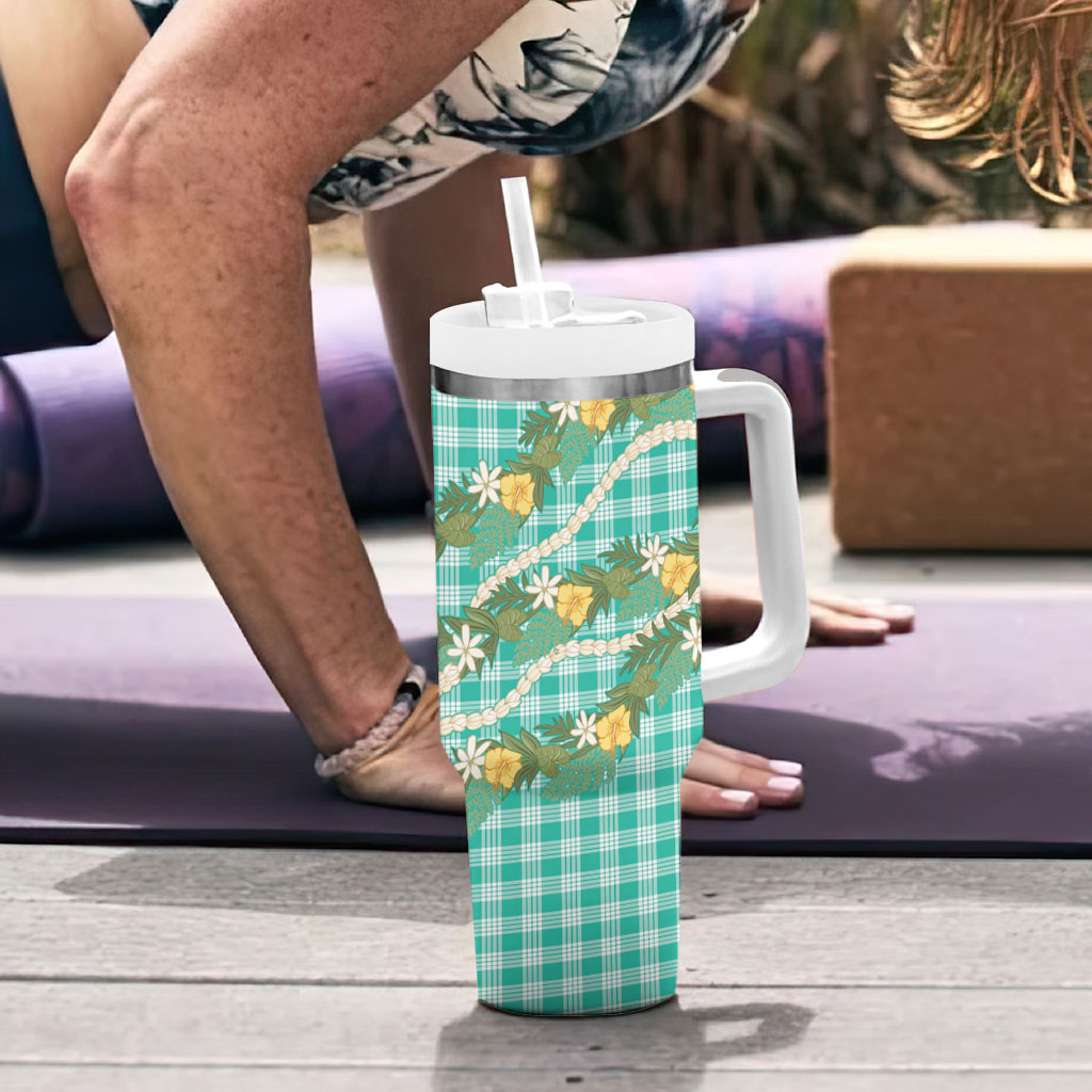 Aloha Puakenikeni Anthurium Pikake Lei Tumbler With Handle Marine Hawaiian Palaka Pattern LT9 - Polynesian Pride