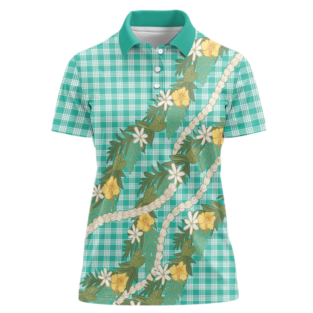 Aloha Puakenikeni Anthurium Pikake Lei Women Polo Shirt Marine Hawaiian Palaka Pattern