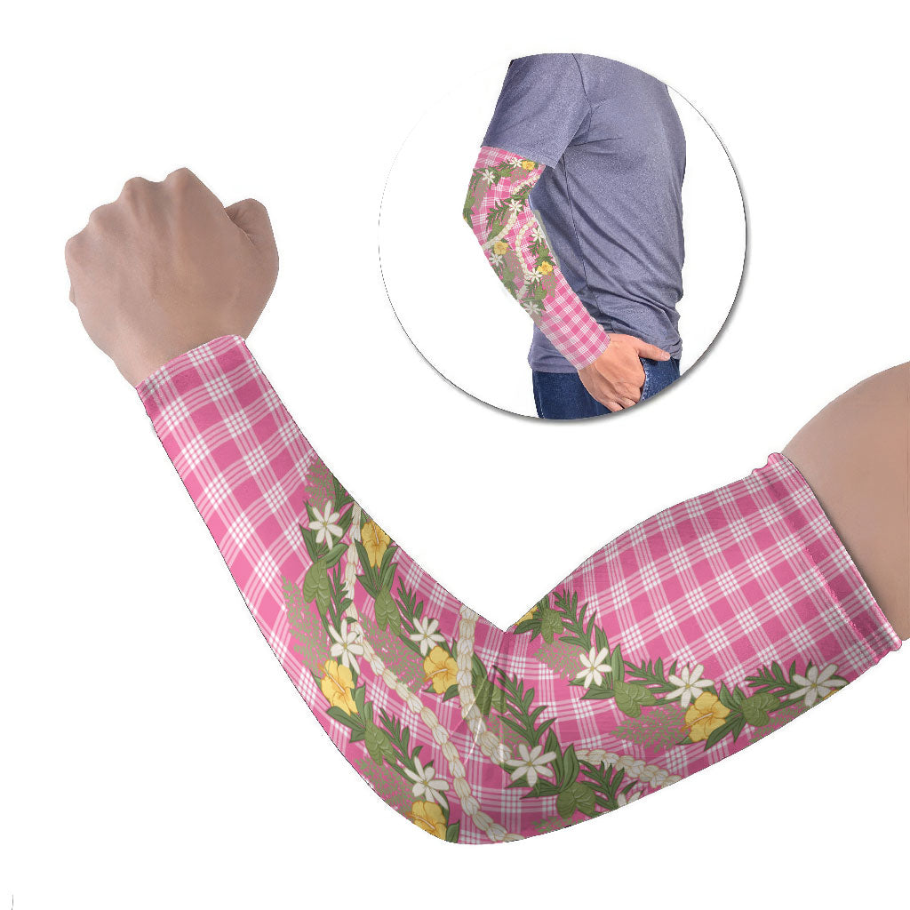 Aloha Puakenikeni Anthurium Pikake Lei Arm Sleeves Tropical Pink Hawaiian Palaka Pattern