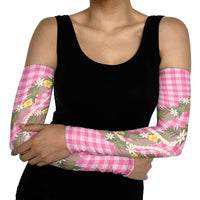 Aloha Puakenikeni Anthurium Pikake Lei Arm Sleeves Tropical Pink Hawaiian Palaka Pattern